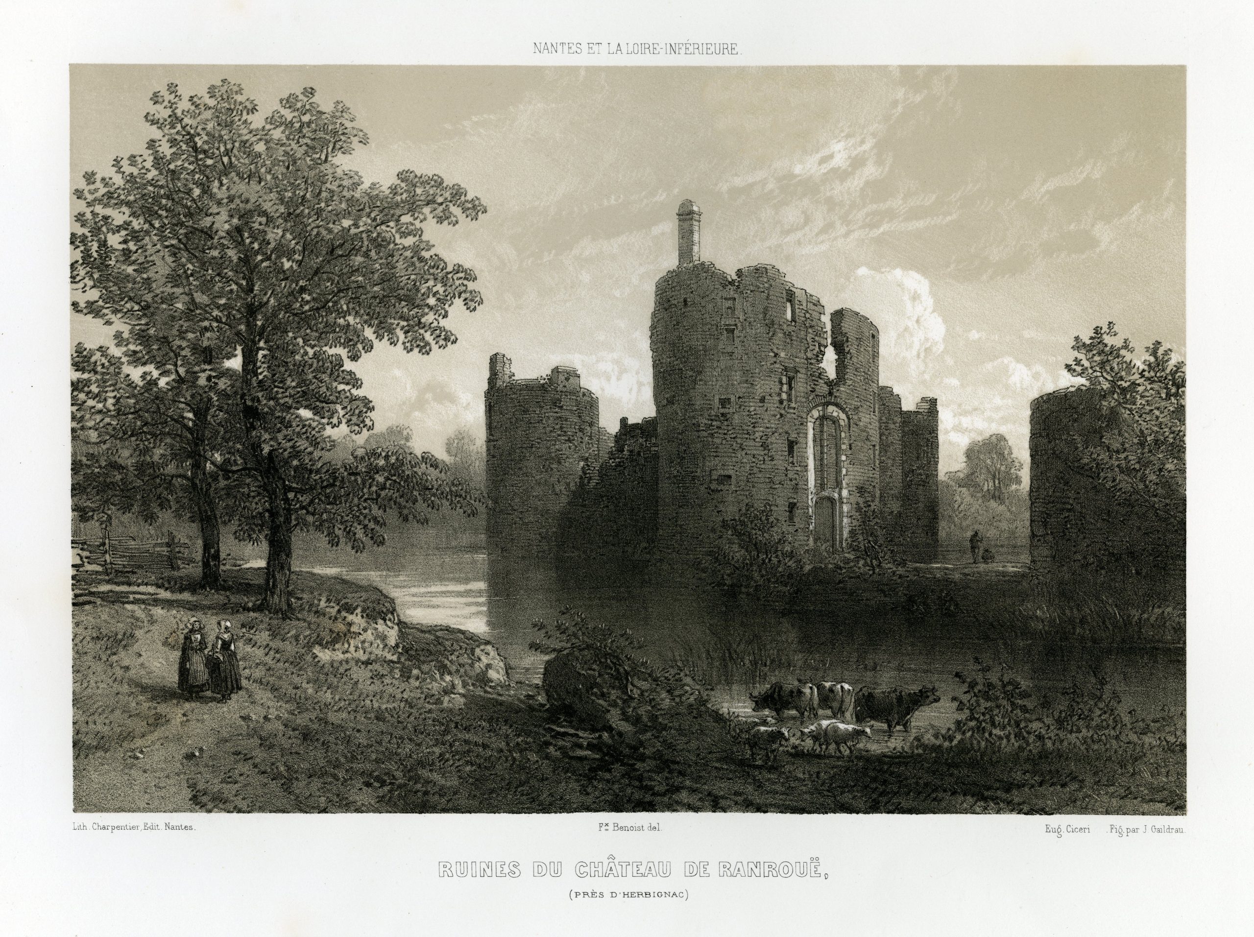 Lithographie en noir et blanc du château de Ranrouët de 1844 de Benoist disponible au Musée Des Marais Salants