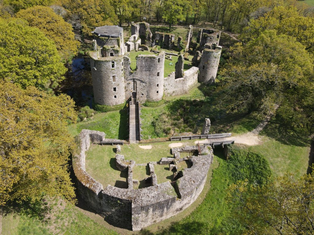 Vue aérienne du château en été, entouré de douves vides et d'arbres.